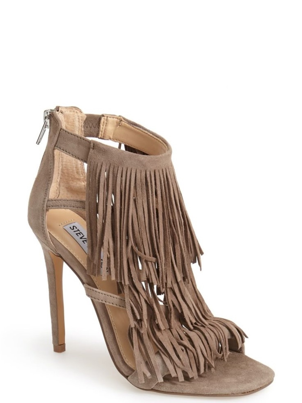 Steve Madden Taupe Fringe Suede Stiletto Sandals